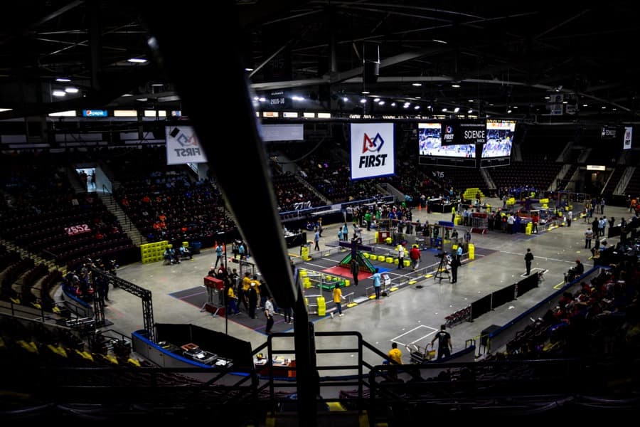 FIRST Robotics team building a competition robot