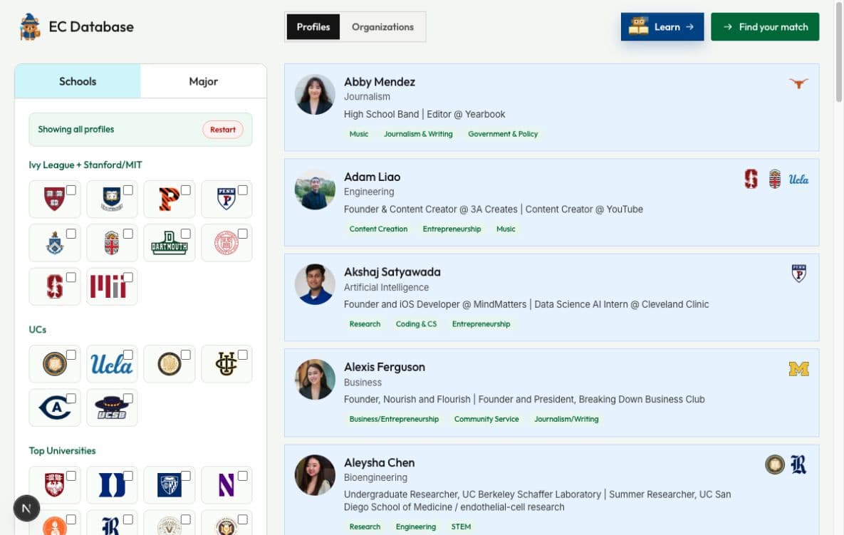 Verified college applicant profiles and filters