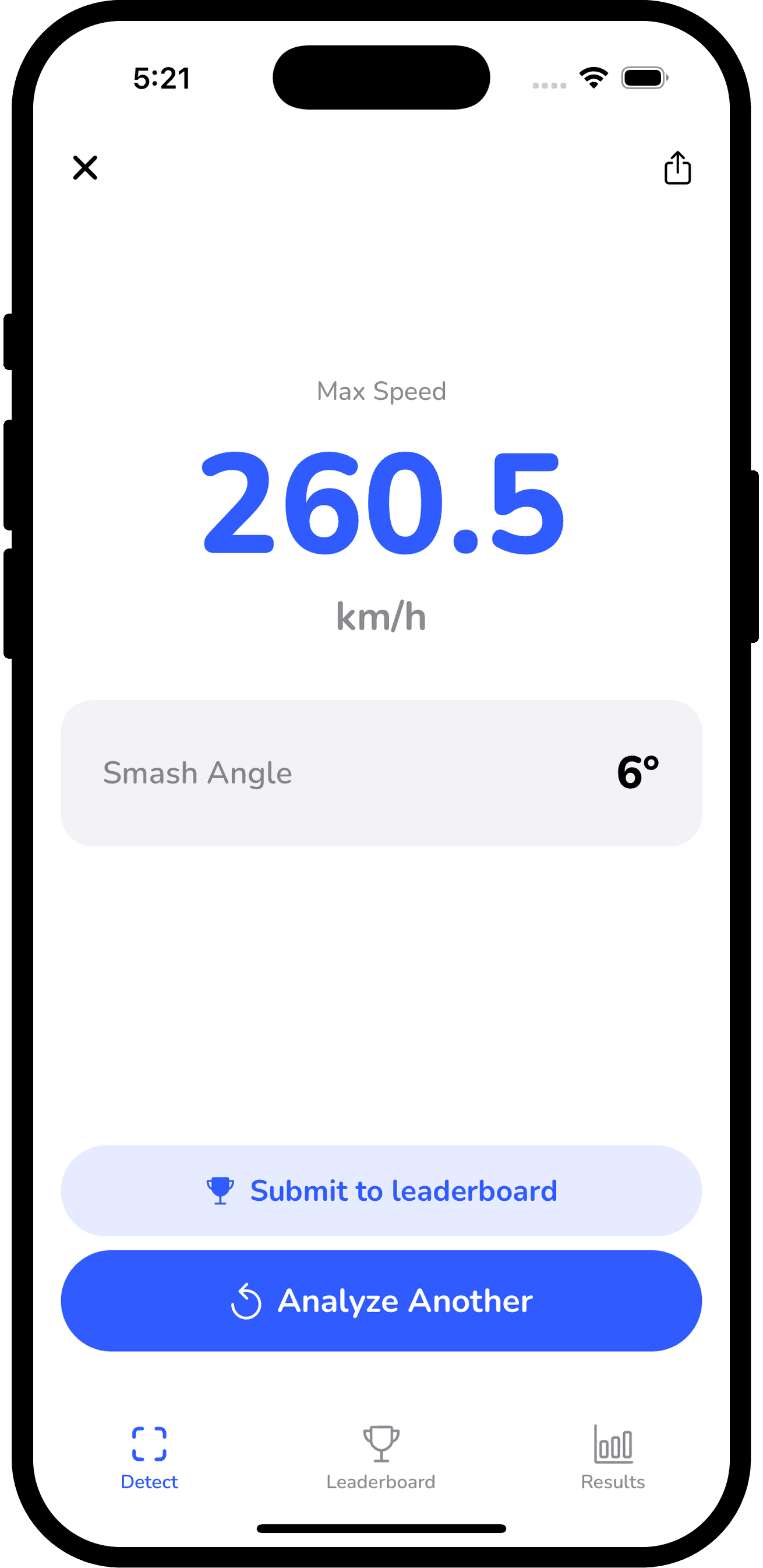 SmashSpeed result showing speed and angle